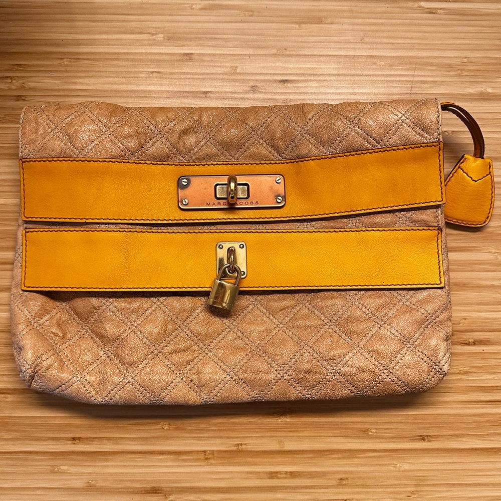 Marc Jacobs tan and gold quilted leather clutch